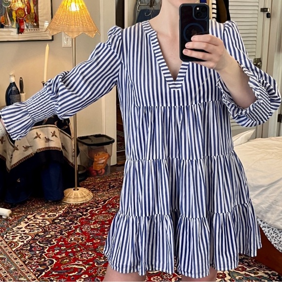 Pomander Place Blue White Stripe Cotton Poplin Kenzo Dress, Size M - Tuckernuck - Picture 6 of 7